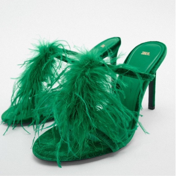 ZARA Feathered Velvet Heeled Sandals - Picture 2 of 5